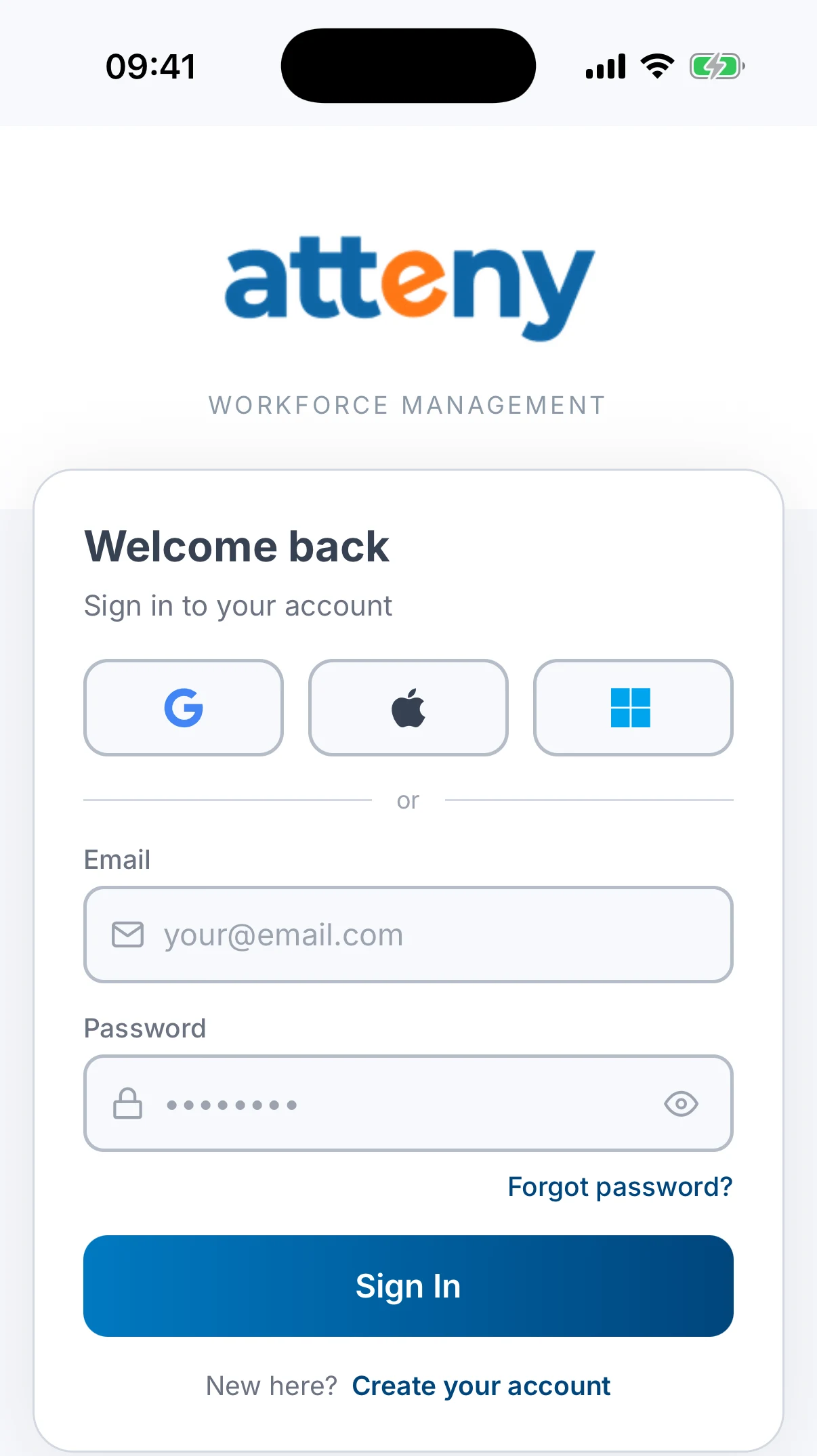 The Atteny sign-in screen with Google, Apple and Microsoft buttons above email and password fields