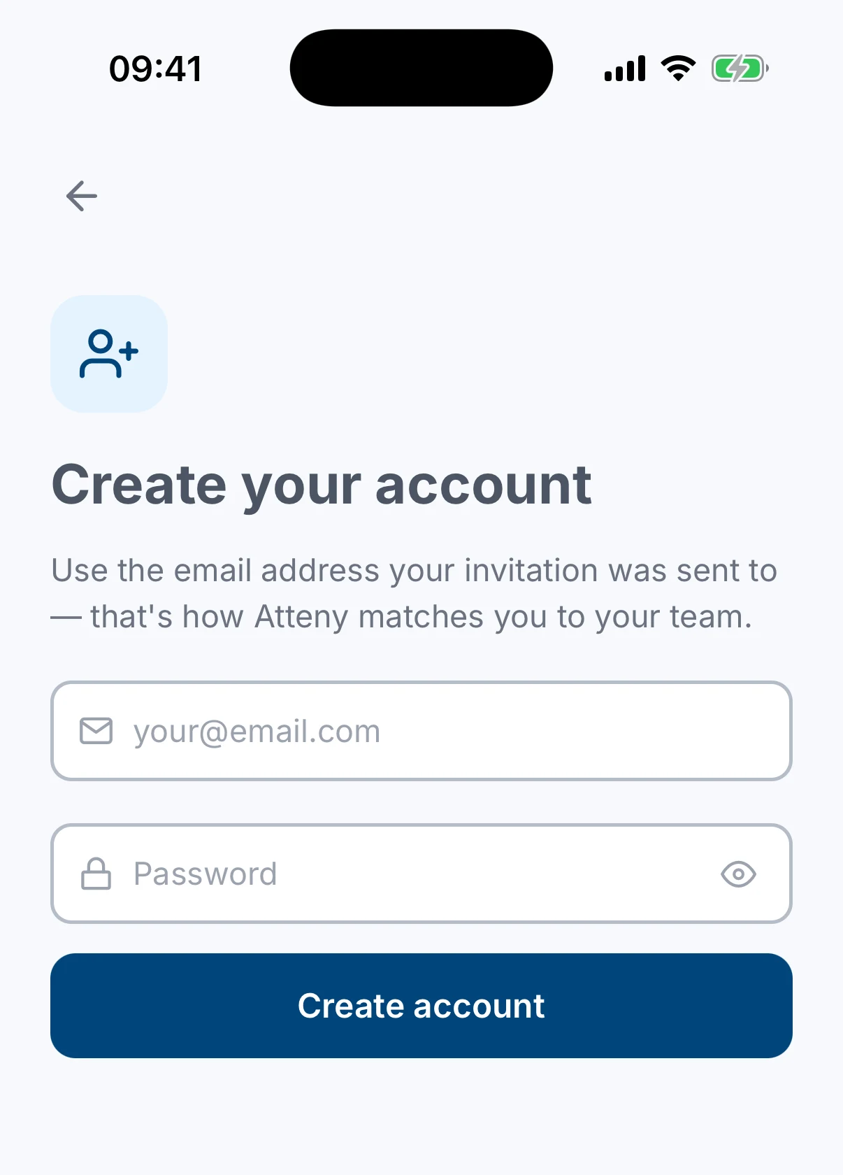 The Create account screen, explaining to use the email address the invitation was sent to