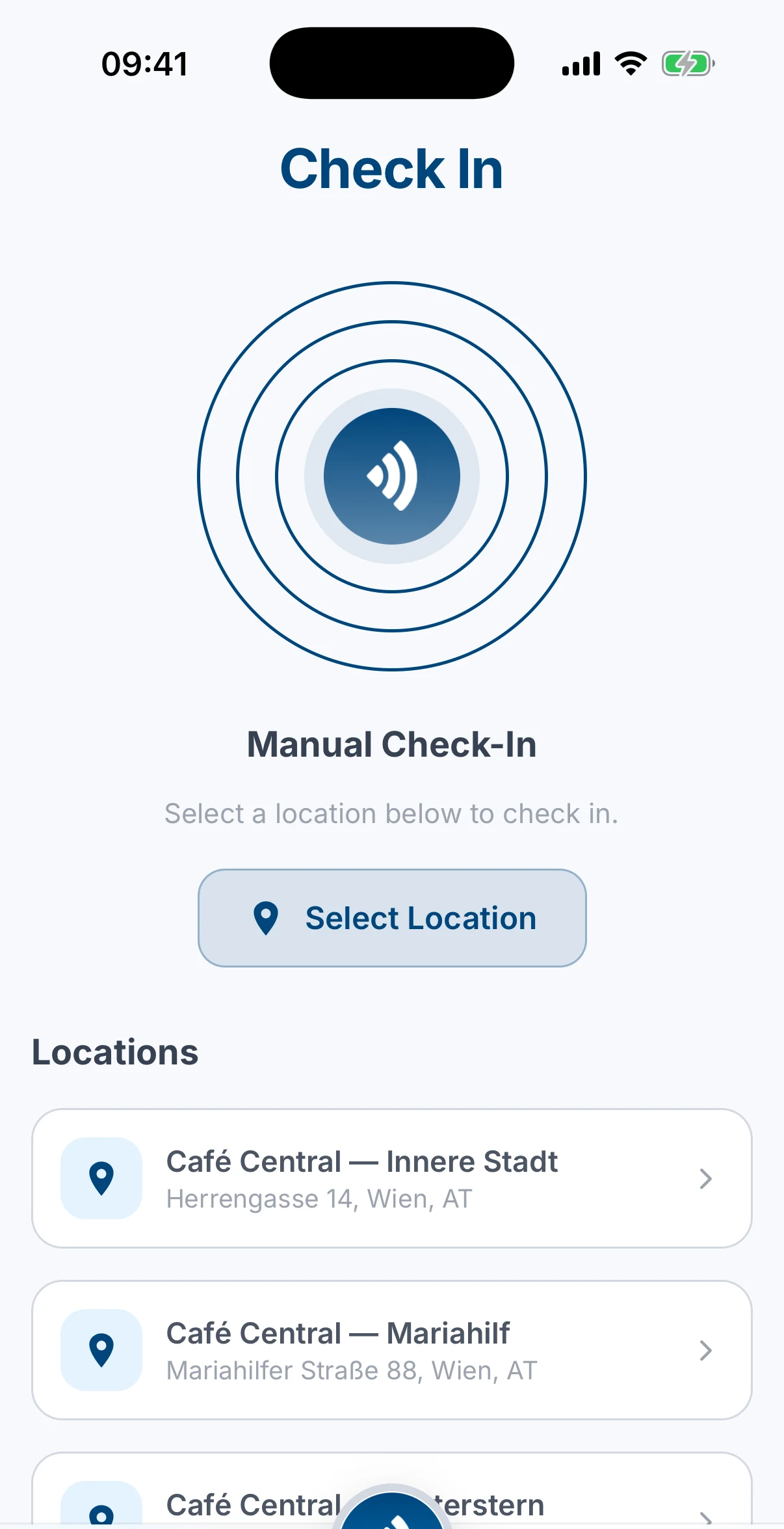 The check-in screen with the NFC scan animation, a Select location button and the list of locations