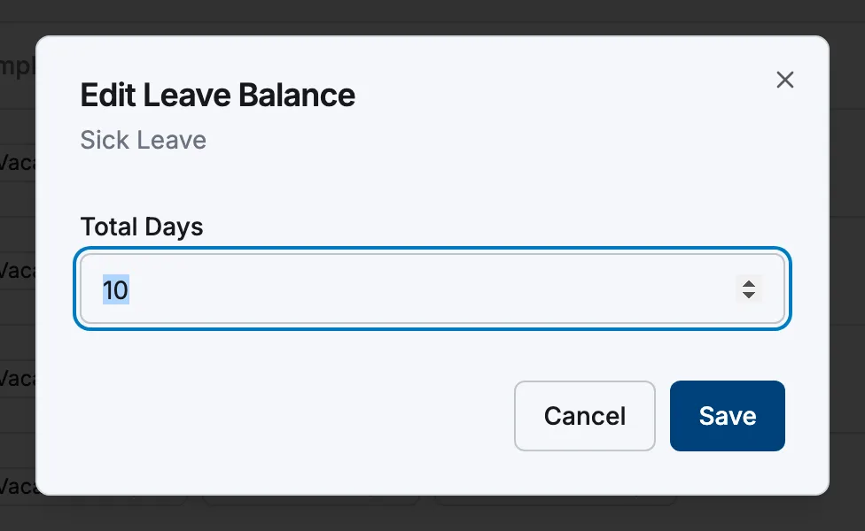 The Edit Leave Balance dialog with the Total Days field