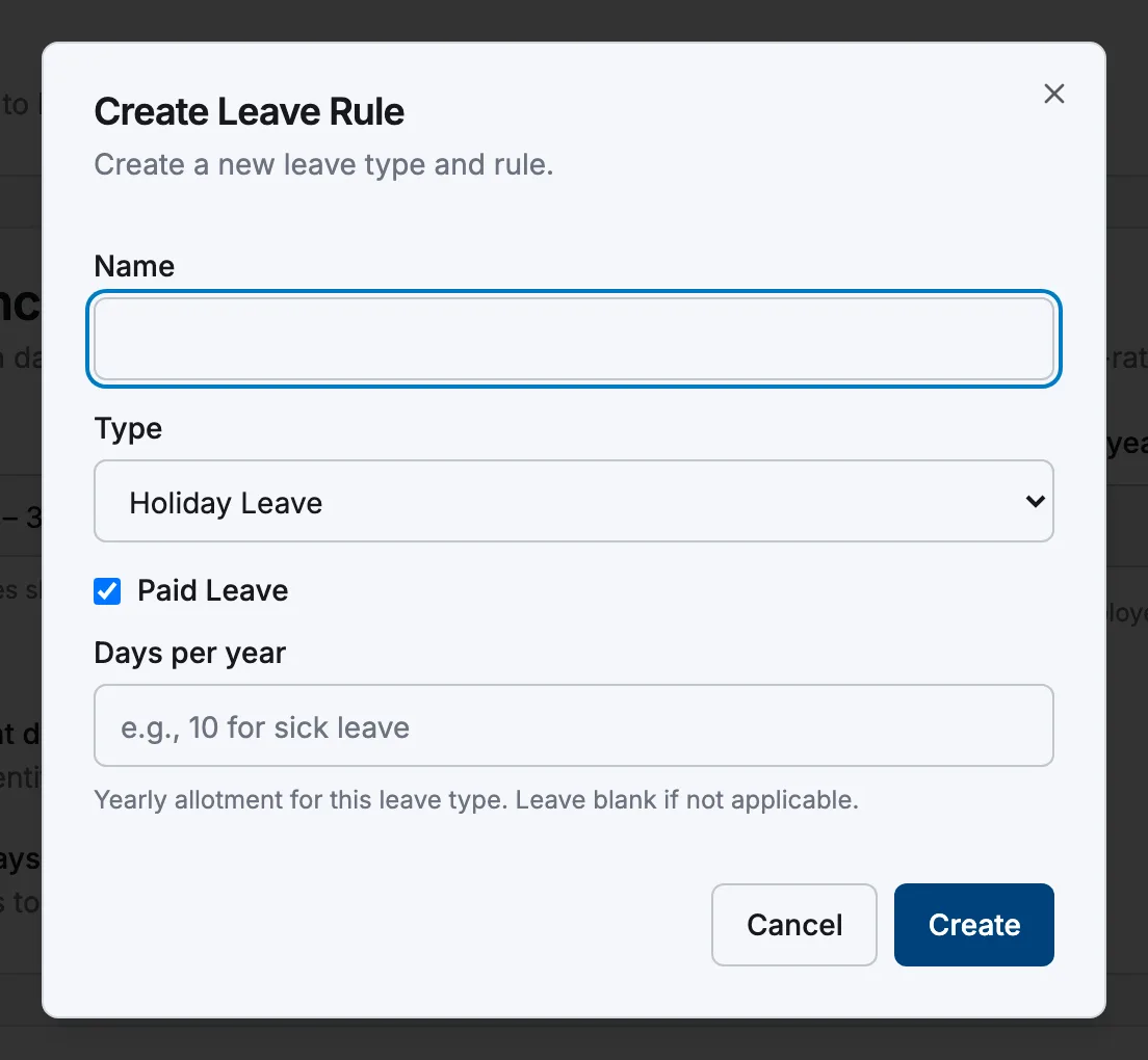 The Create Leave Rule dialog with Name, Type, Paid Leave and Days per year fields