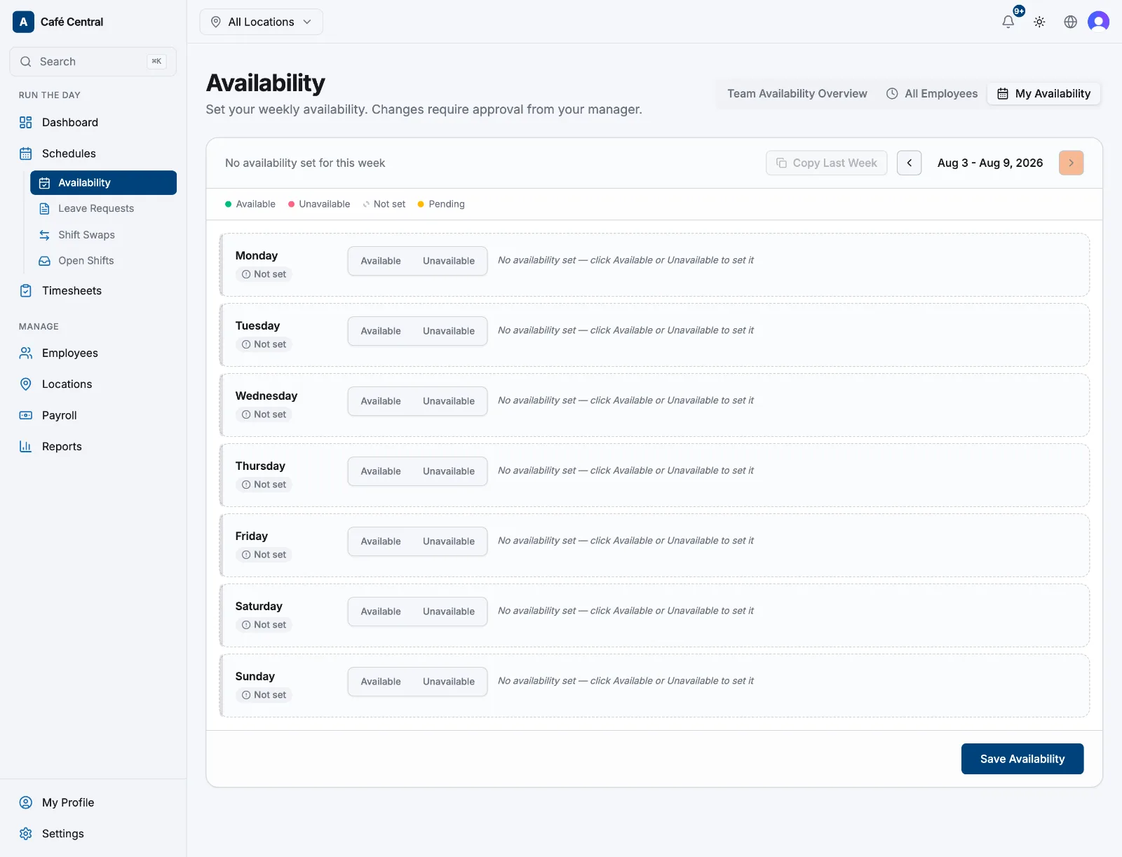 The weekly availability editor with seven day rows, Available/Unavailable toggles and time windows