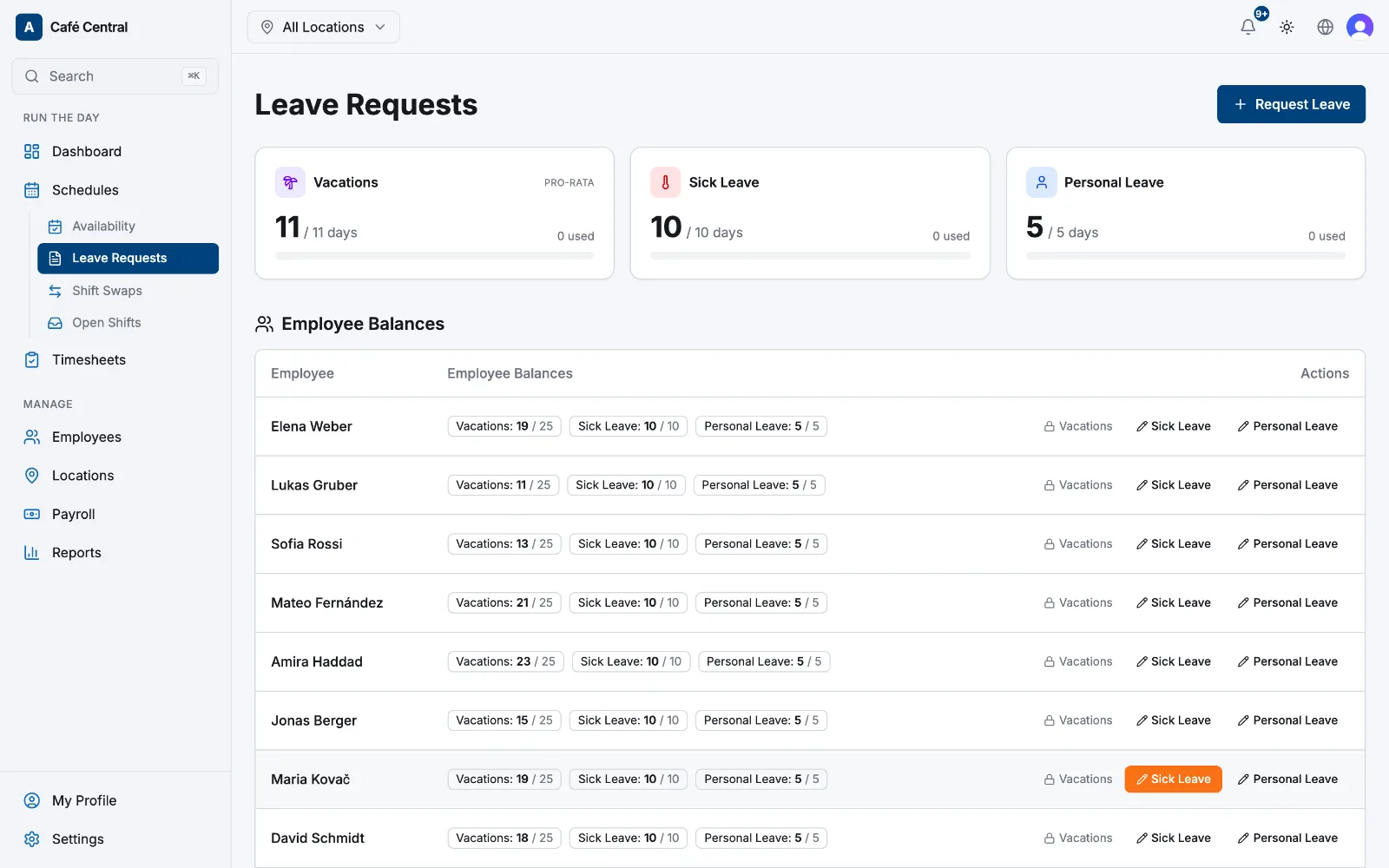 The Leave Requests page with the leave balance cards showing remaining days, total days and days used