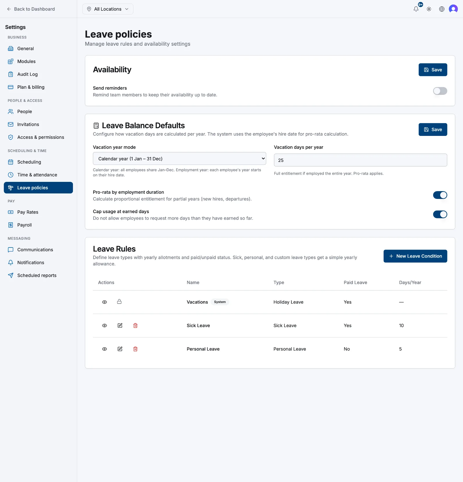 The Leave policies page showing the Leave Balance Defaults card and the Leave Rules table