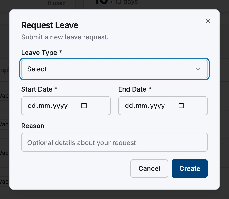 The Request Leave dialog with Leave Type, Start Date, End Date and Reason fields