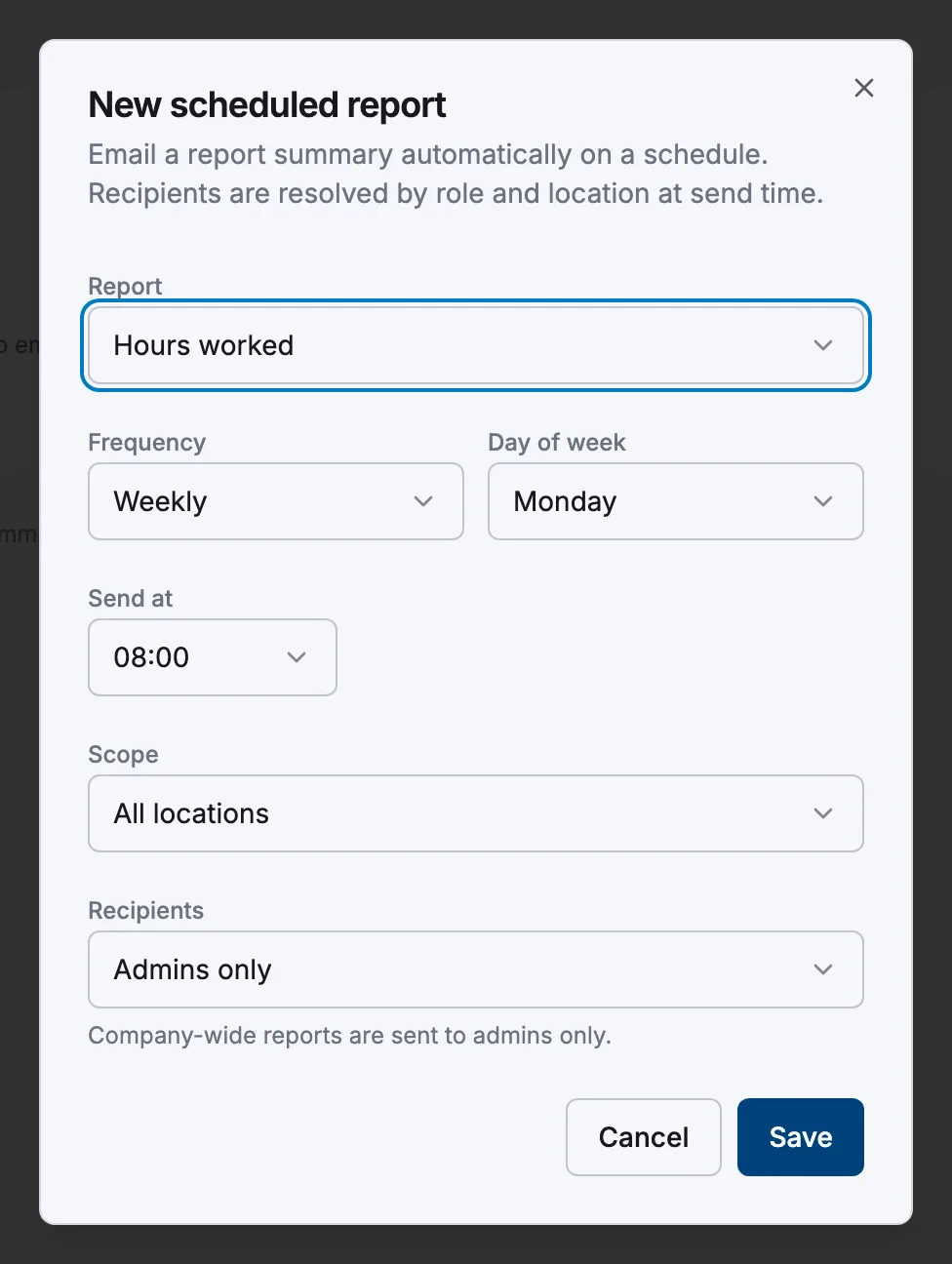 The New scheduled report dialog showing the Report, Frequency, Send at, Scope and Recipients fields