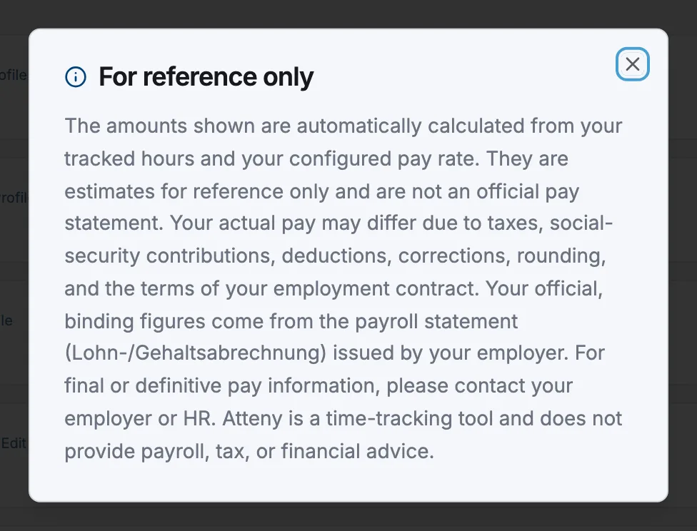 The For reference only dialog opened from the Details link on the Payroll page