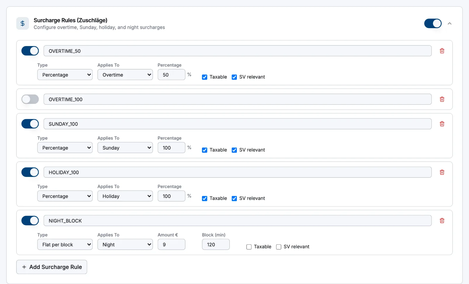The expanded Surcharge Rules card in Payroll settings, showing rule rows with Type, Applies To and Percentage