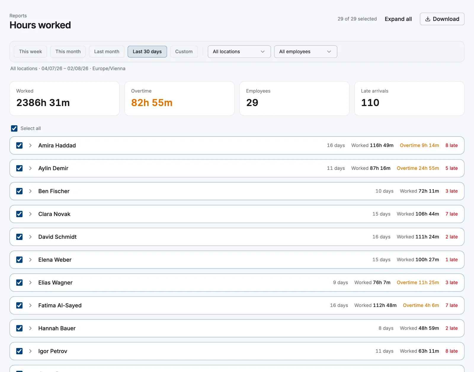 The Hours worked report with the Select all checkbox, per-employee checkboxes and the selected counter next to Download