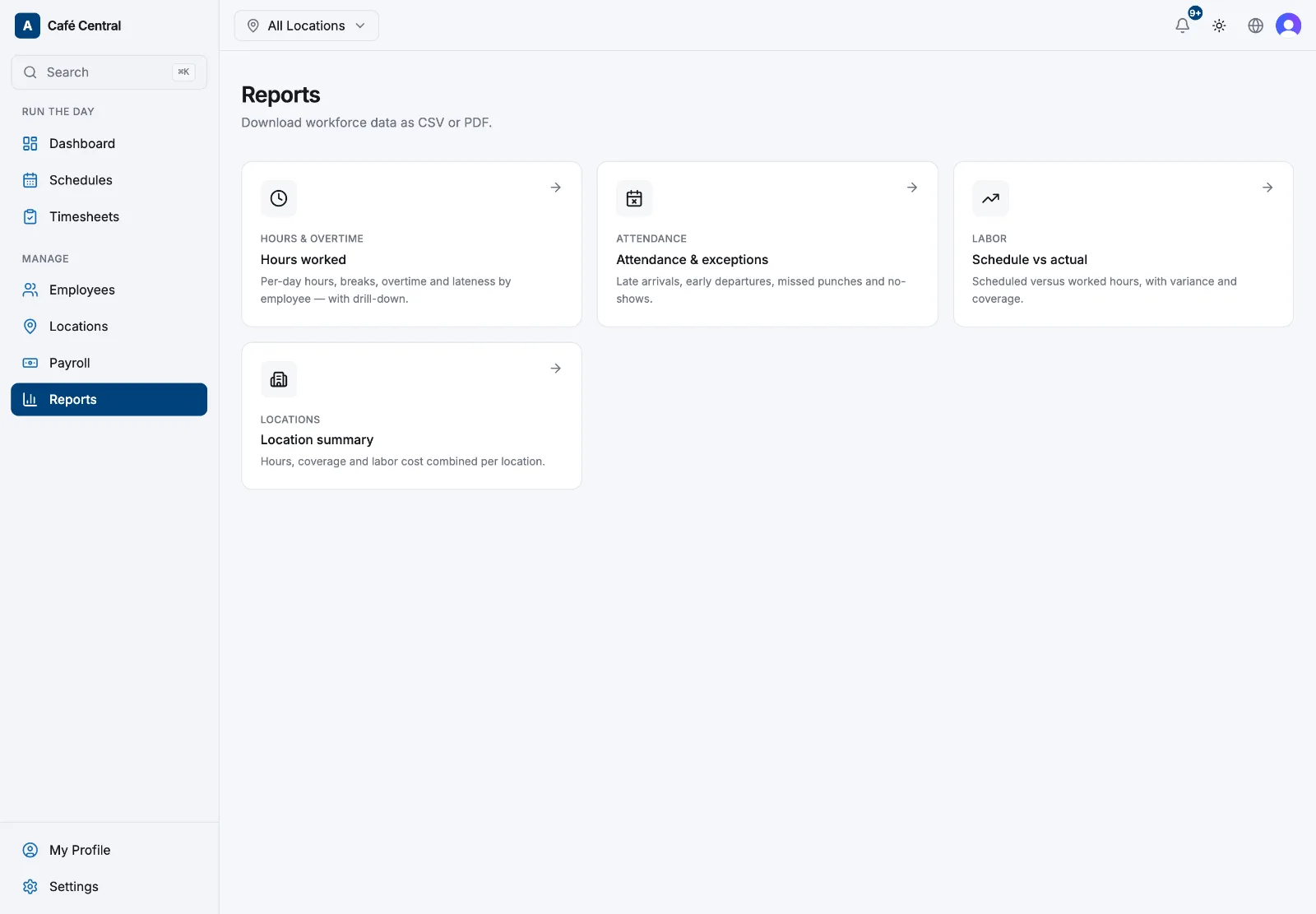 The Reports hub showing the four report cards