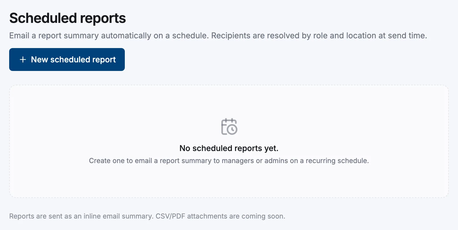 The Scheduled reports settings page with the New scheduled report button
