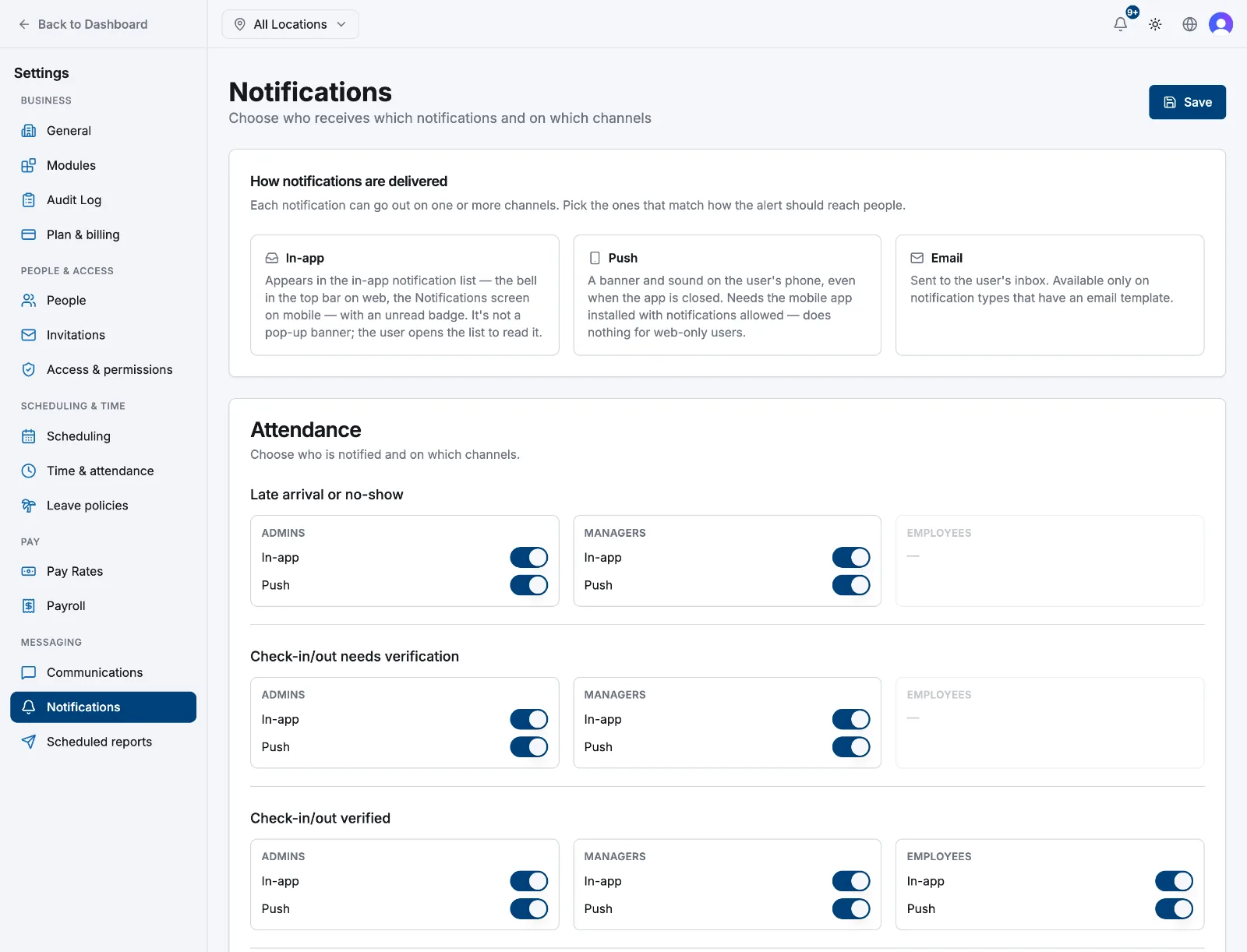 The Scheduling section of Settings, Notifications with per-role In-app and Push switches