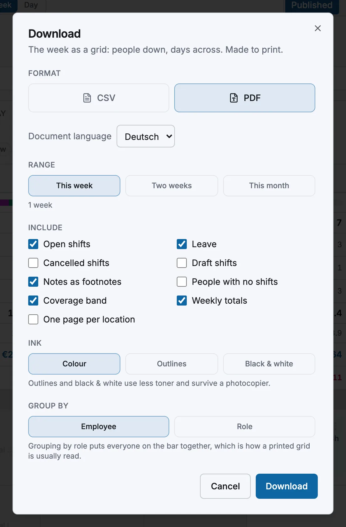 The Download dialog with PDF chosen: the Document language list, the Range buttons, the Include checkboxes, the Ink choice and the Group by choice, with the Download button at the bottom