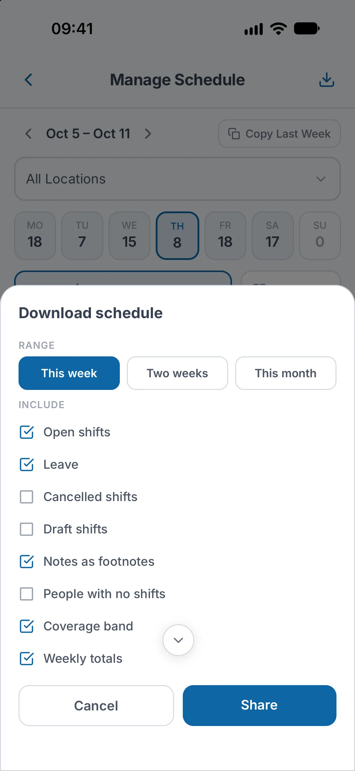 The Download schedule sheet on the phone: the Range buttons This week, Two weeks and This month, the Include list with its ticks, and the Cancel and Share buttons