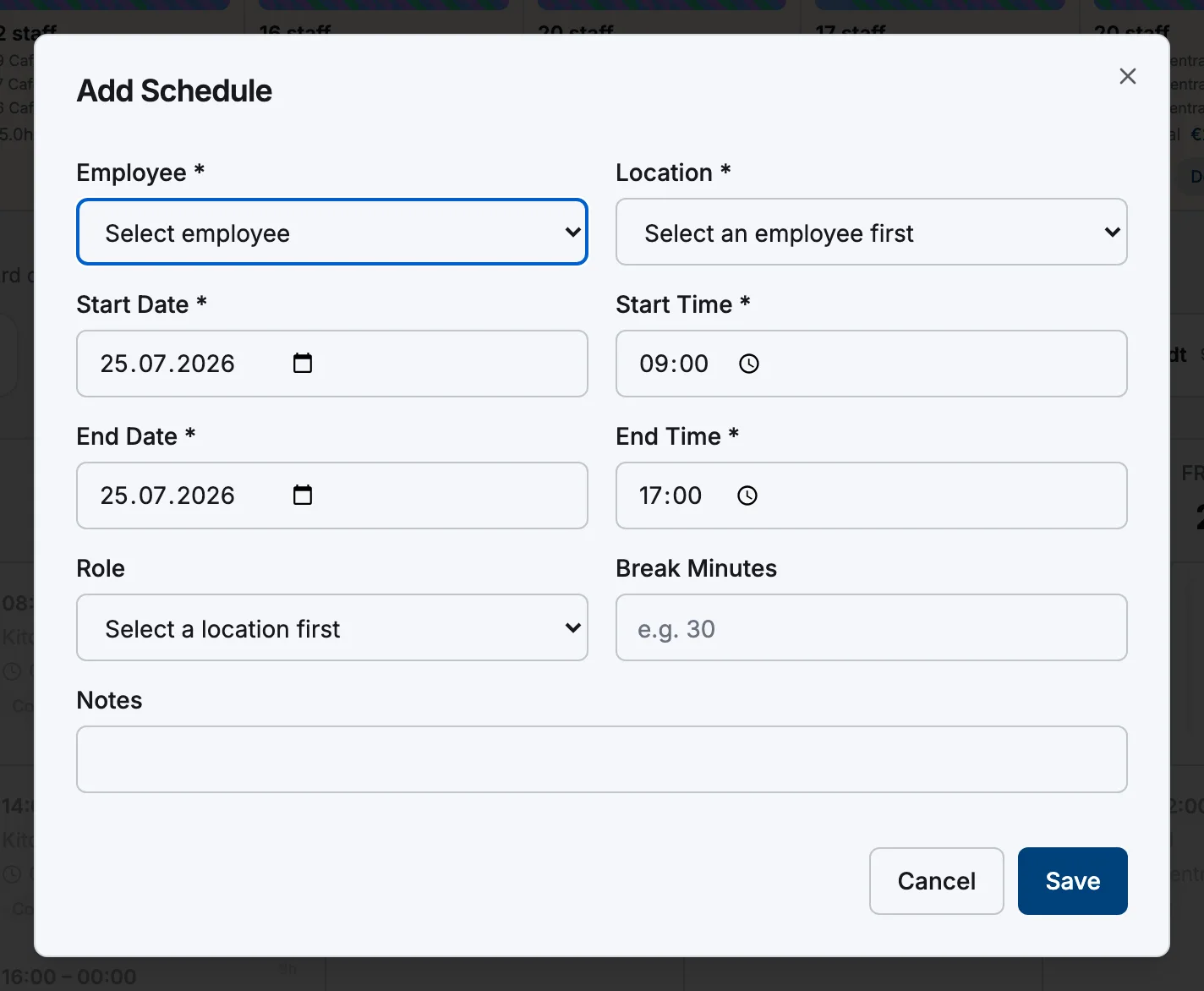 The Add Schedule dialog with employee, location, times, role and break fields