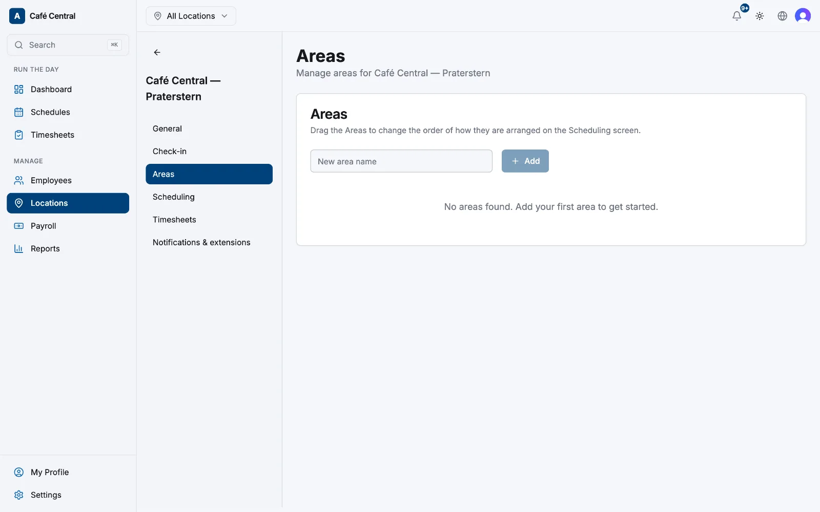 The Areas tab of a location, listing named areas with their colour swatches