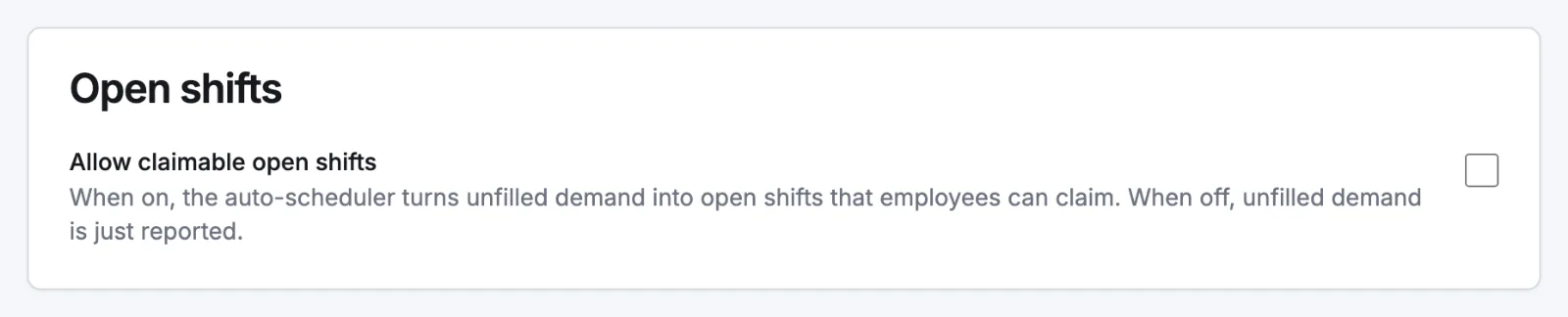 The Allow claimable open shifts checkbox on a location's Scheduling tab