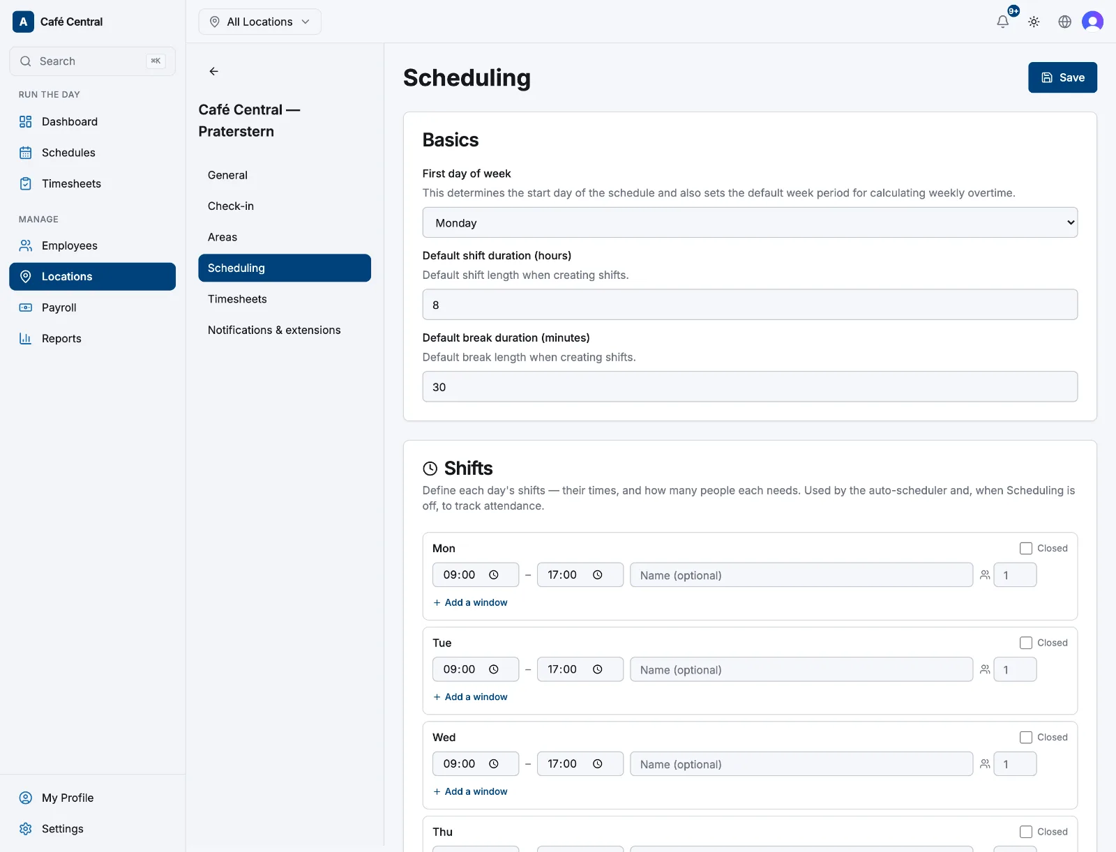 The Shifts card on a location's Scheduling tab, with per-day times, shift names and People needed