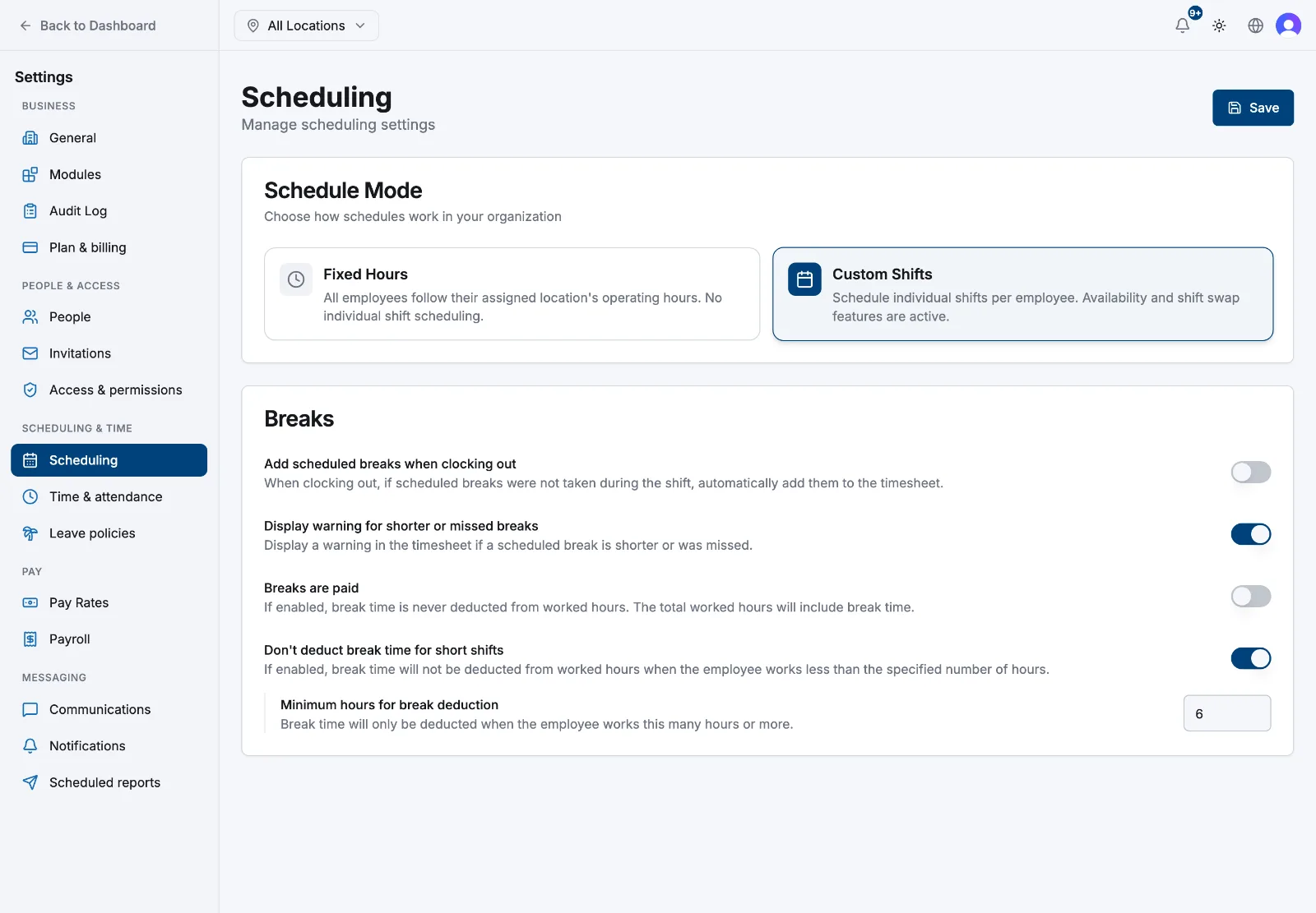 The Scheduling settings page with the Fixed Hours and Custom Shifts cards