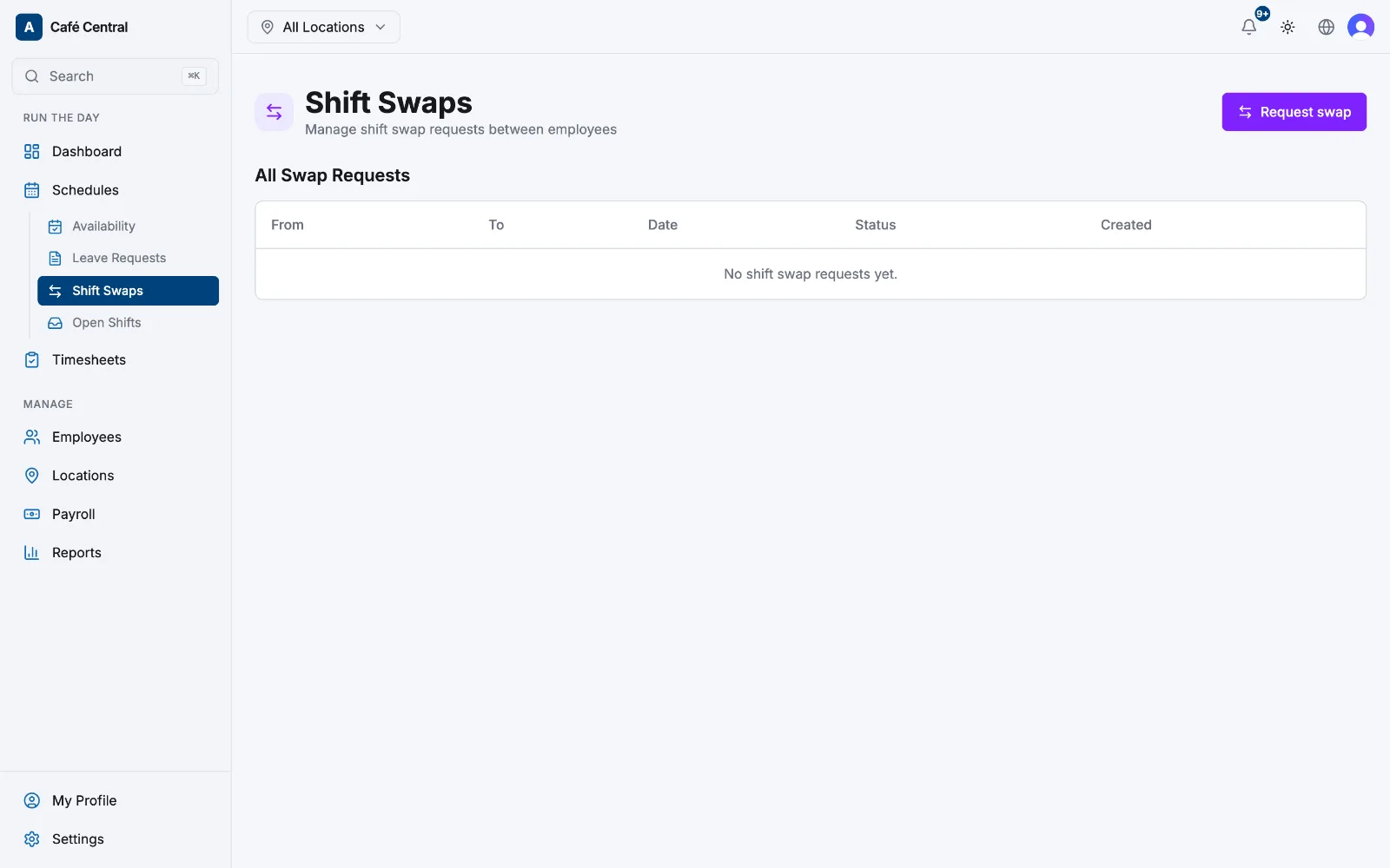 The Shift Swaps page showing pending requests with status badges and the Request swap button