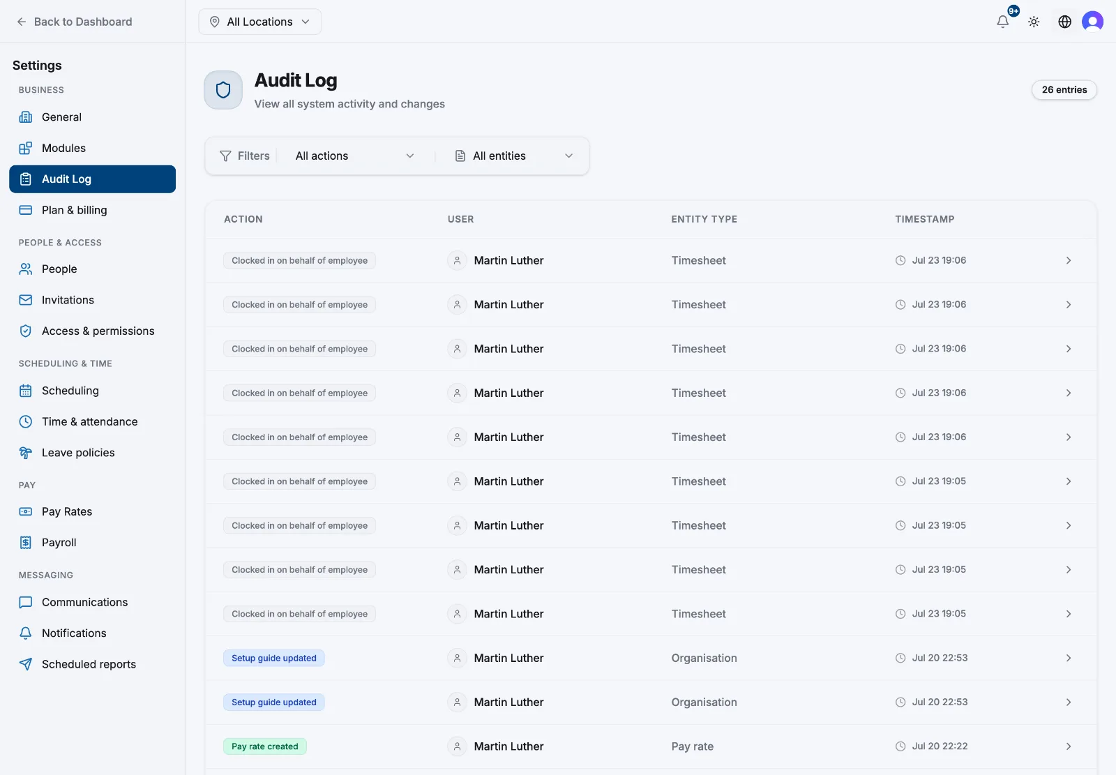 The Audit Log settings page with the action and entity filters and a list of recent entries