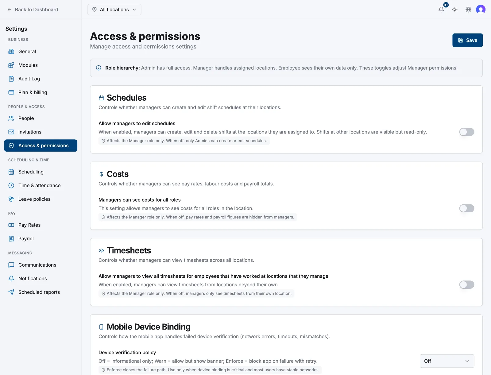 The Access and permissions settings page with the manager toggles for Schedules, Costs and Timesheets