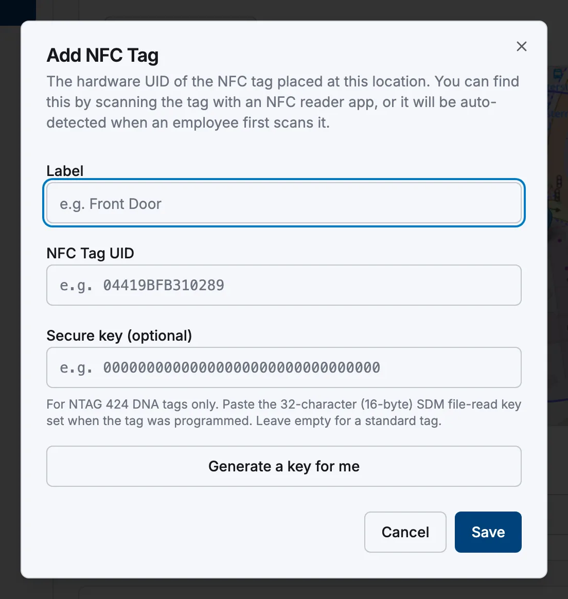The Add NFC Tag dialog with the Label, NFC Tag UID and Secure key fields