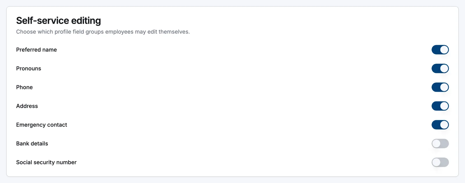 The Self-service editing card in Settings People, with a switch for each profile field group
