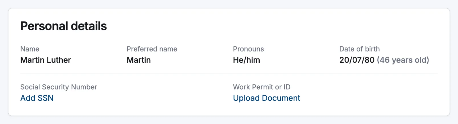 The Personal details card on an employee's Personal tab, with name, preferred name, pronouns, date of birth, Social Security Number and Work Permit or ID