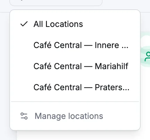 The location scope menu open in the top bar, showing All Locations, the individual locations and Manage locations