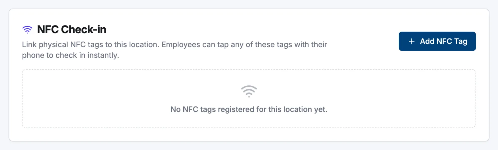 The NFC Check-in card on a location's Check-in tab with the Add NFC Tag button and the list of registered tags