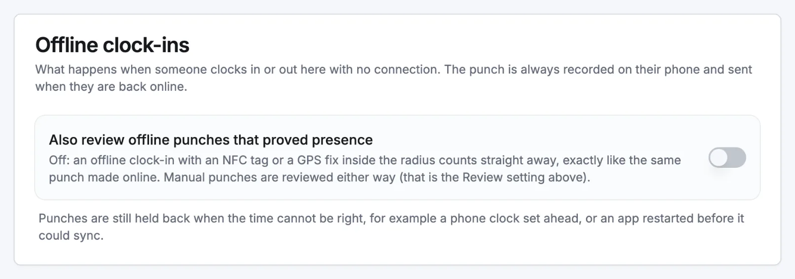 The Offline clock-ins card on a location's Clock-in tab, with the switch Also review offline punches that proved presence turned off