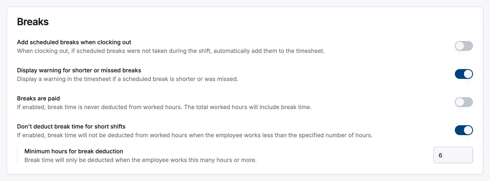 The Breaks section of Settings → Scheduling with the paid, deduction and warning switches