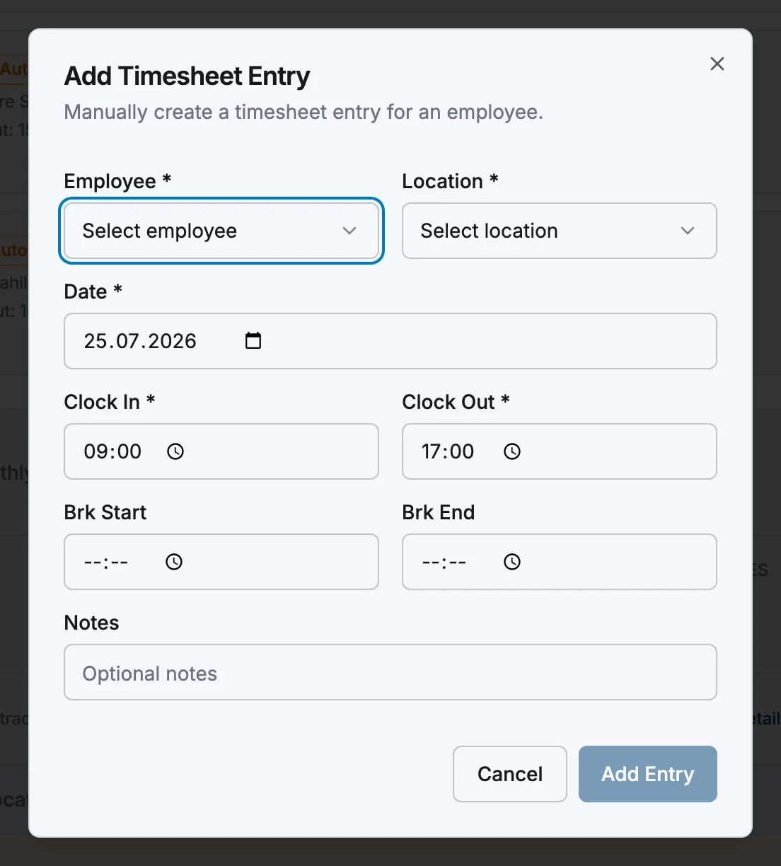 The Add Timesheet Entry dialog with employee, location, date and time fields