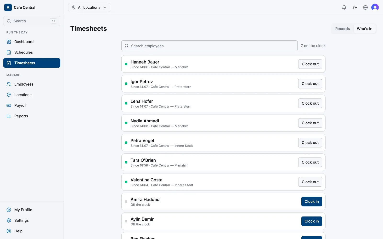The Who's in tab on Timesheets listing employees with Clock in and Clock out buttons