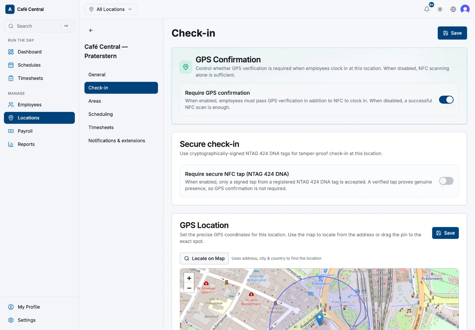 A location's Check-in tab showing the map pin and the geofence radius field