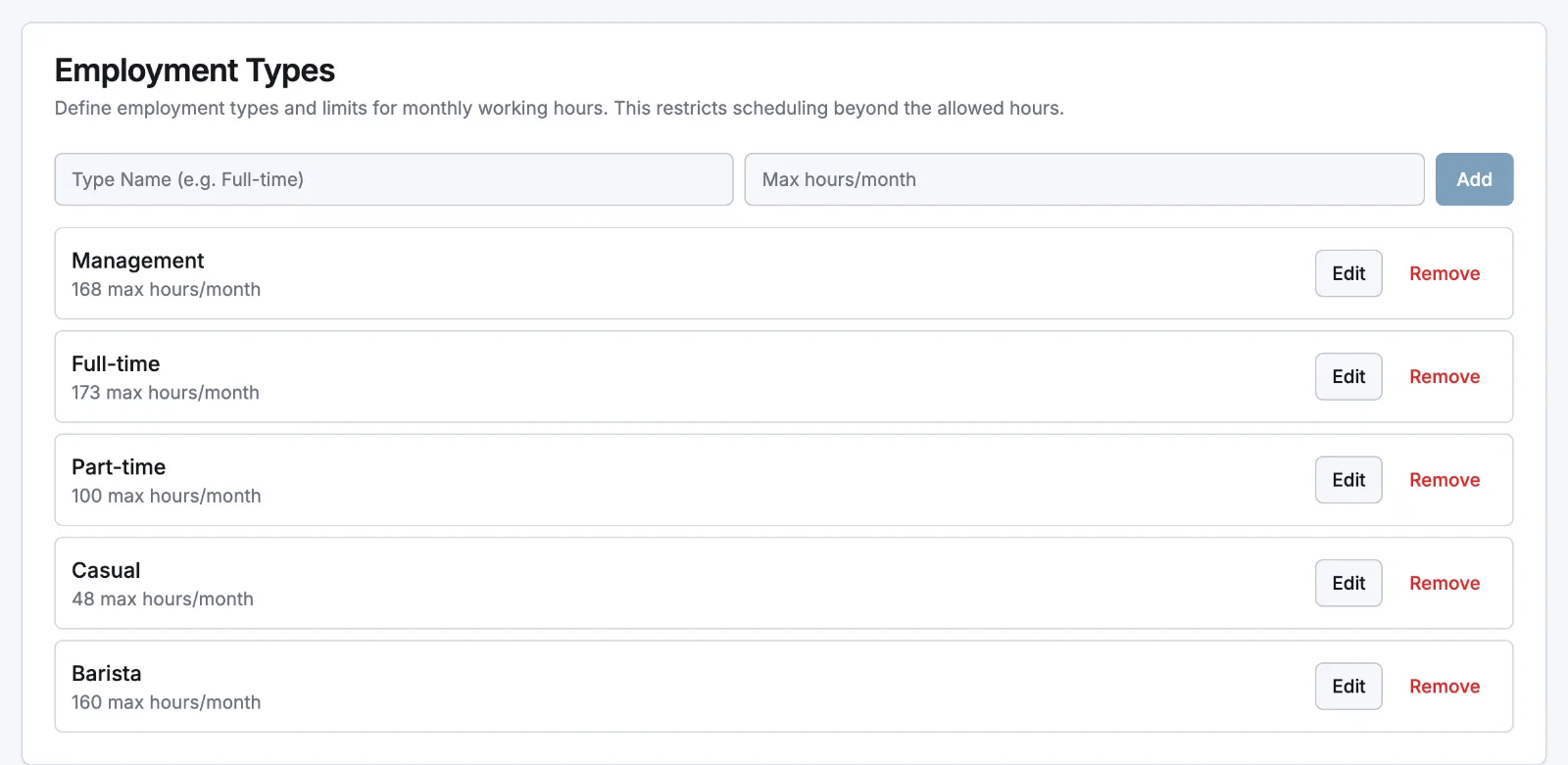The Employment Types card in Pay Rates settings, listing each type with its max hours per month