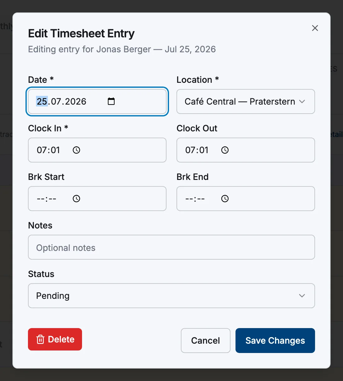 The Edit Timesheet Entry dialog with date, location, clock in, clock out and break fields