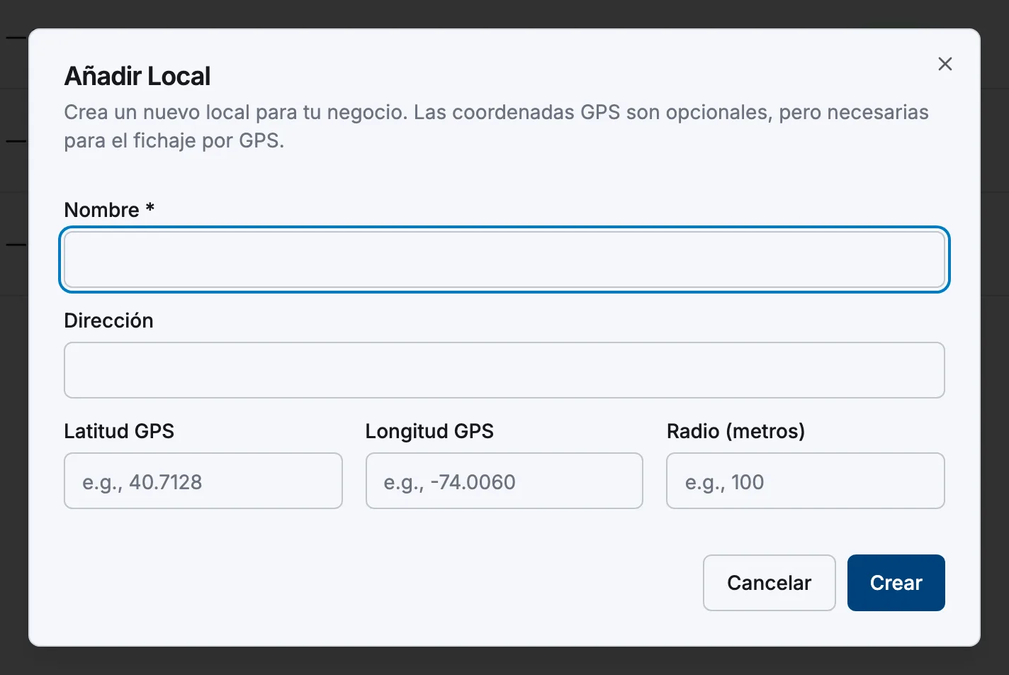 El cuadro de diálogo Añadir local con los campos de Nombre y Dirección