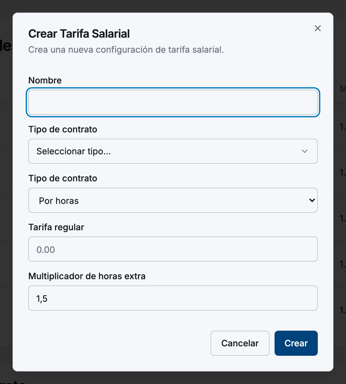 El cuadro de diálogo Crear tarifa de pago con los campos de Nombre, Tipo de contrato, Tipo de contrato de pago y Tarifa normal