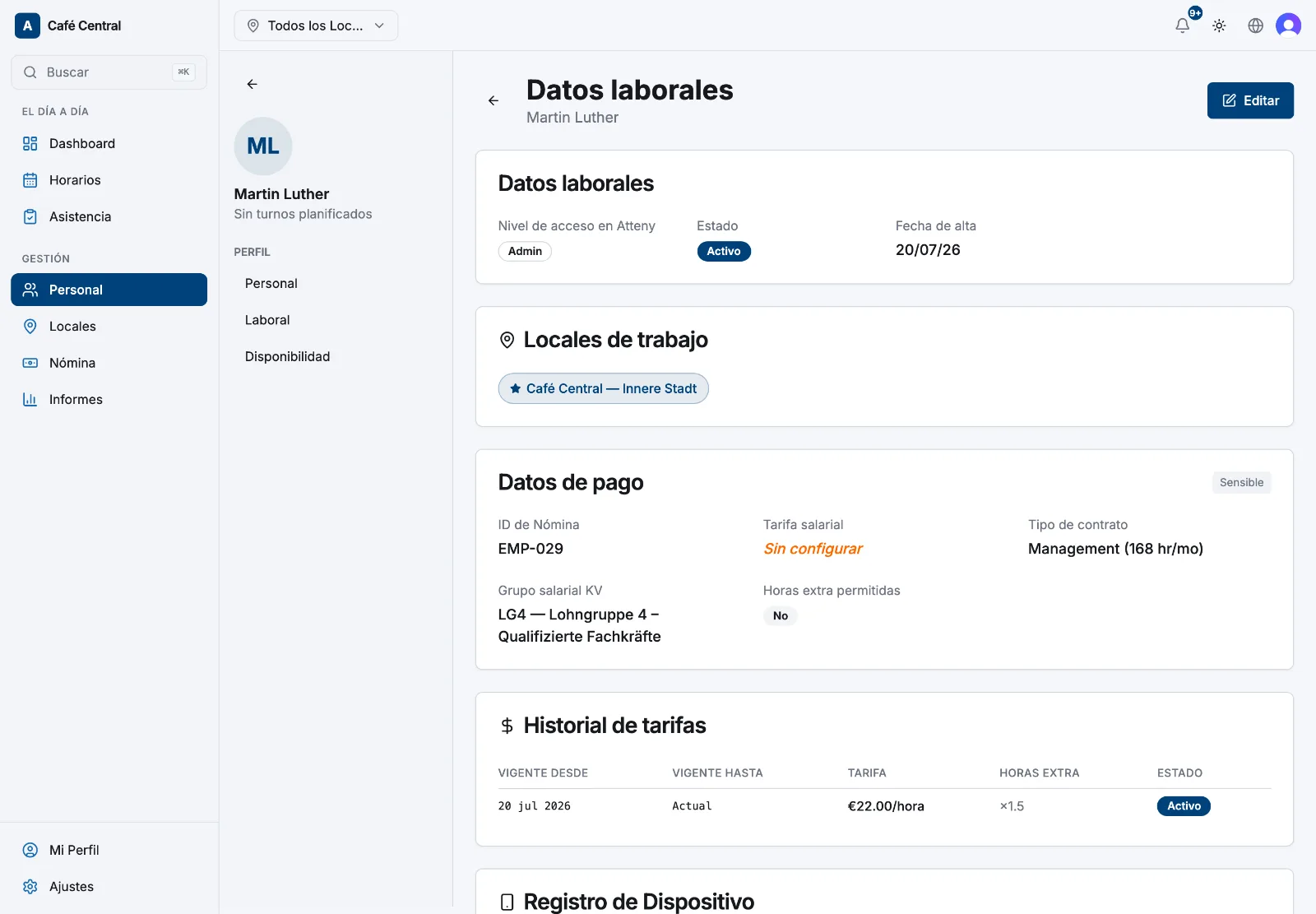 La pestaña Empleo de un empleado con la sección Datos de pago y el selector de tarifa de pago