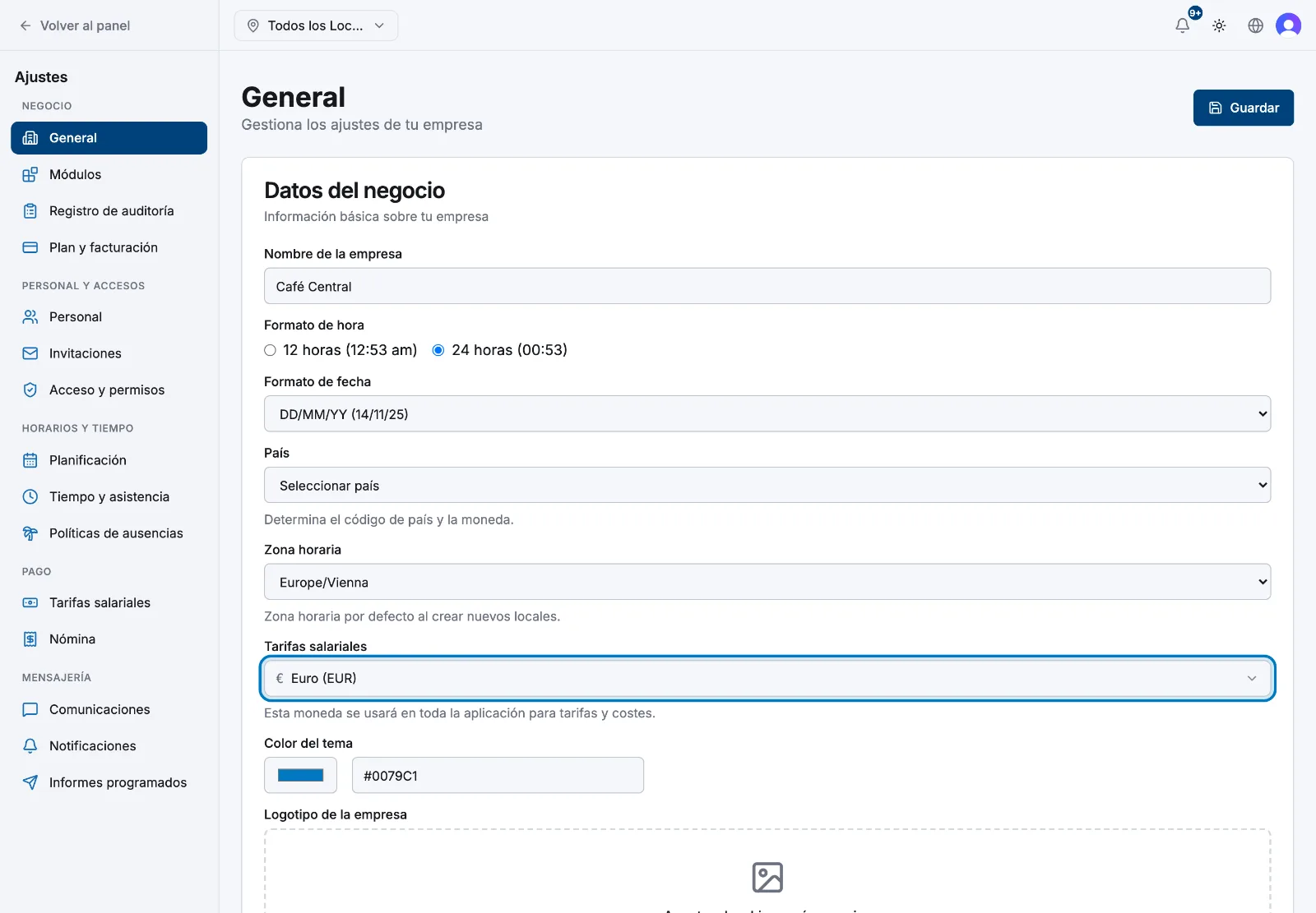 El selector de moneda en la página de ajustes General