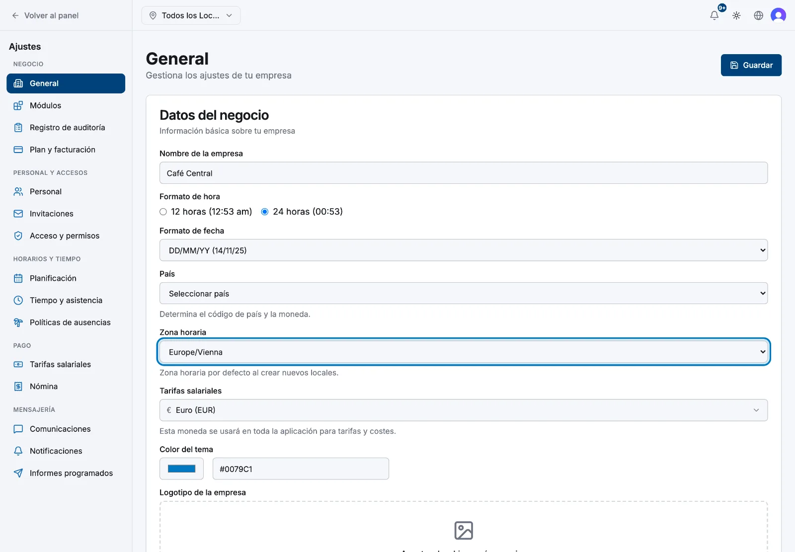 El selector de Zona horaria en la página de ajustes General