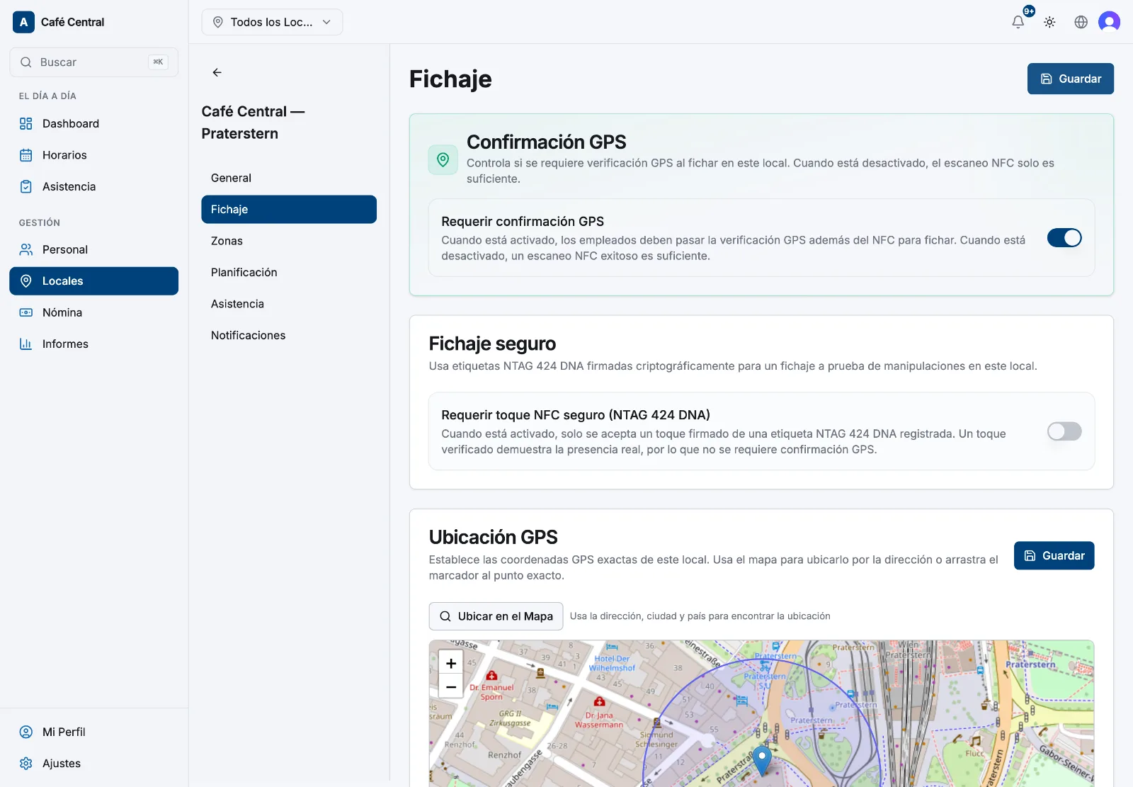 La tarjeta Ubicación GPS en la pestaña Fichaje con un marcador de mapa arrastrable y un radio