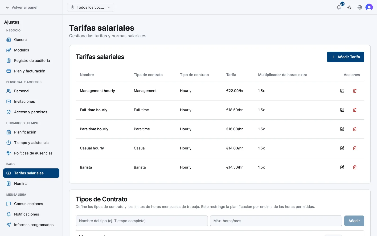 La página de ajustes de Tarifas de pago mostrando la tabla de tarifas y la sección de Tipos de contrato