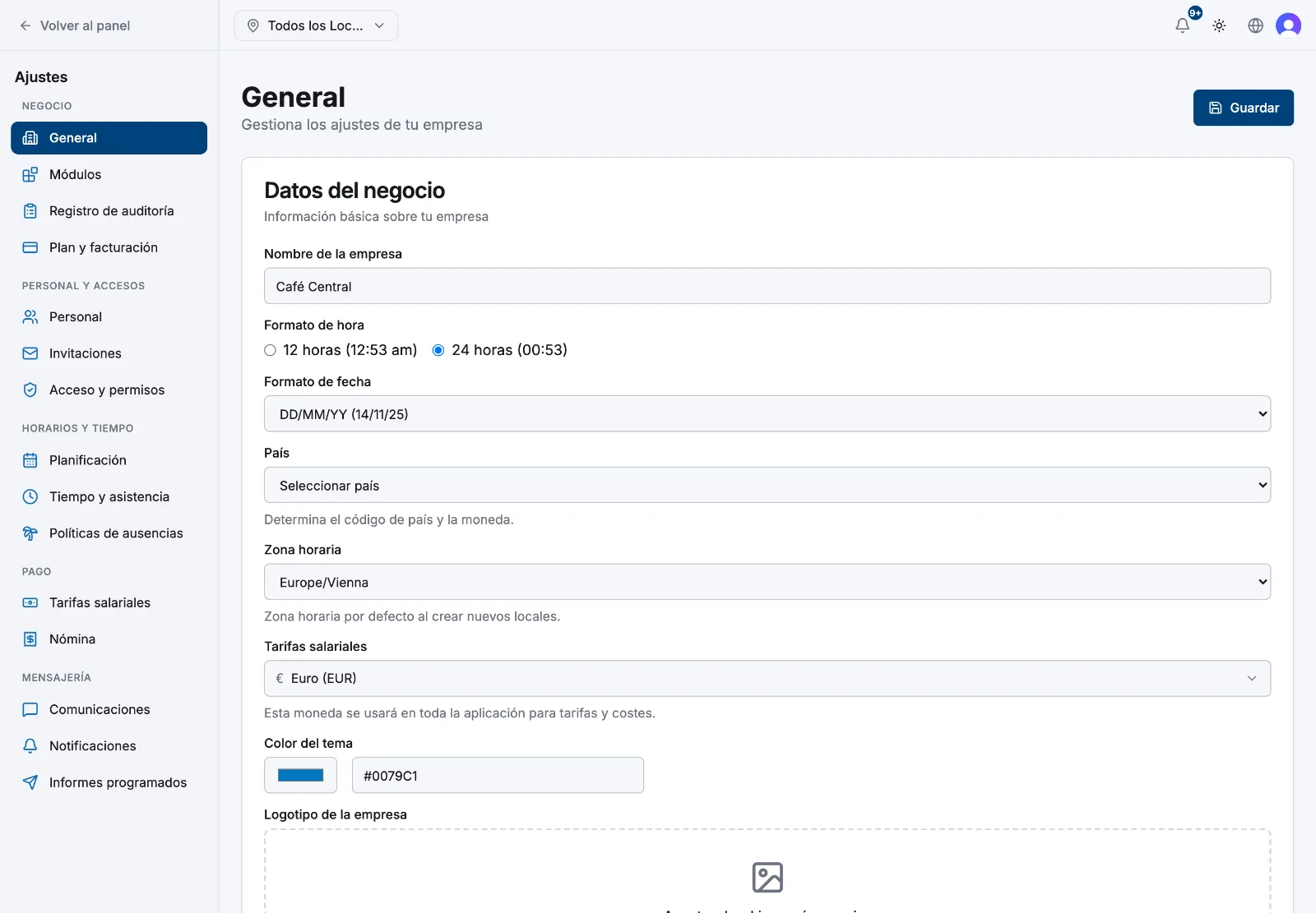 La página de ajustes General mostrando la tarjeta de Datos del centro de trabajo