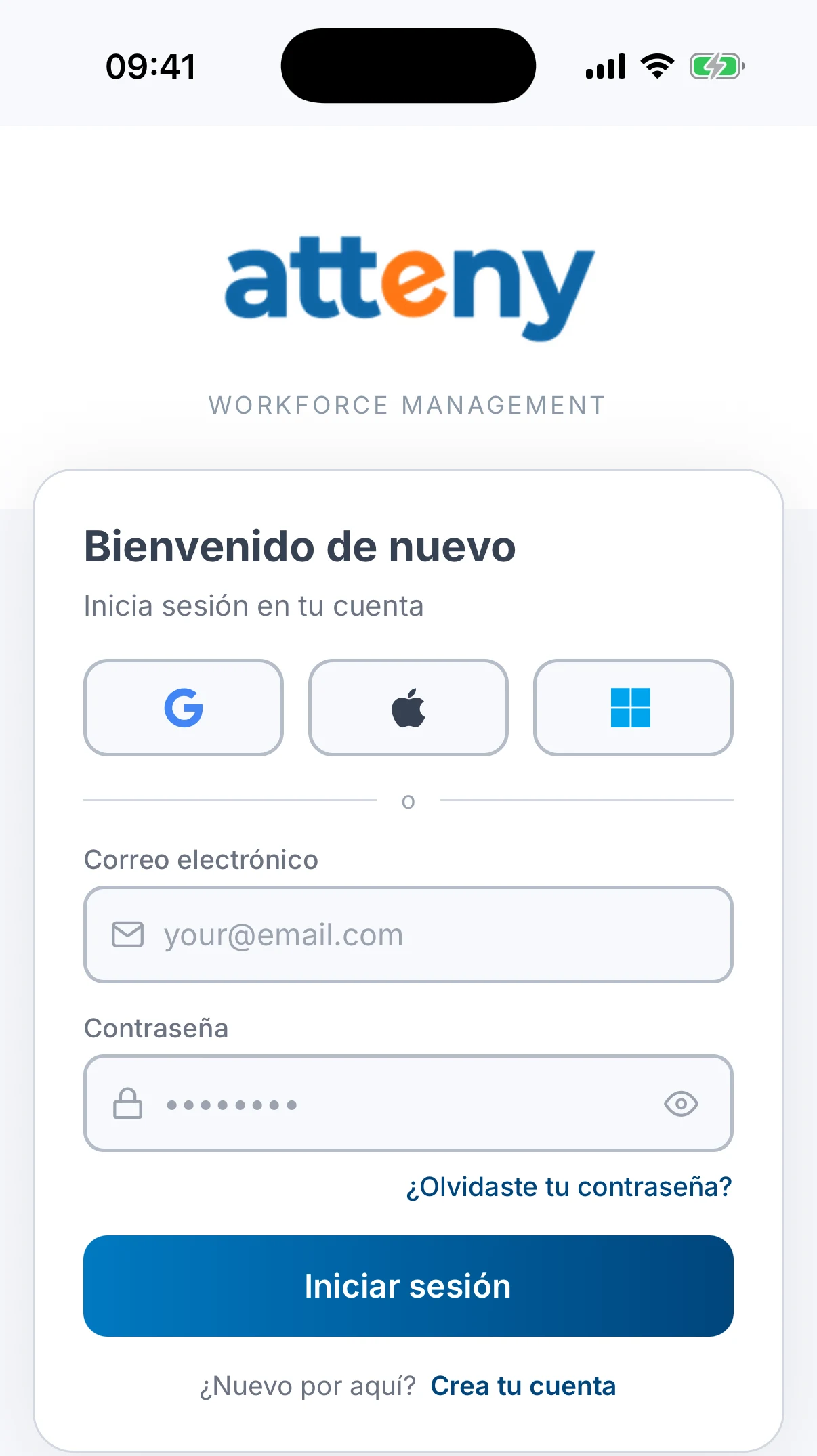 La pantalla de inicio de sesión de Atteny con botones de Google, Apple y Microsoft sobre los campos de correo y contraseña