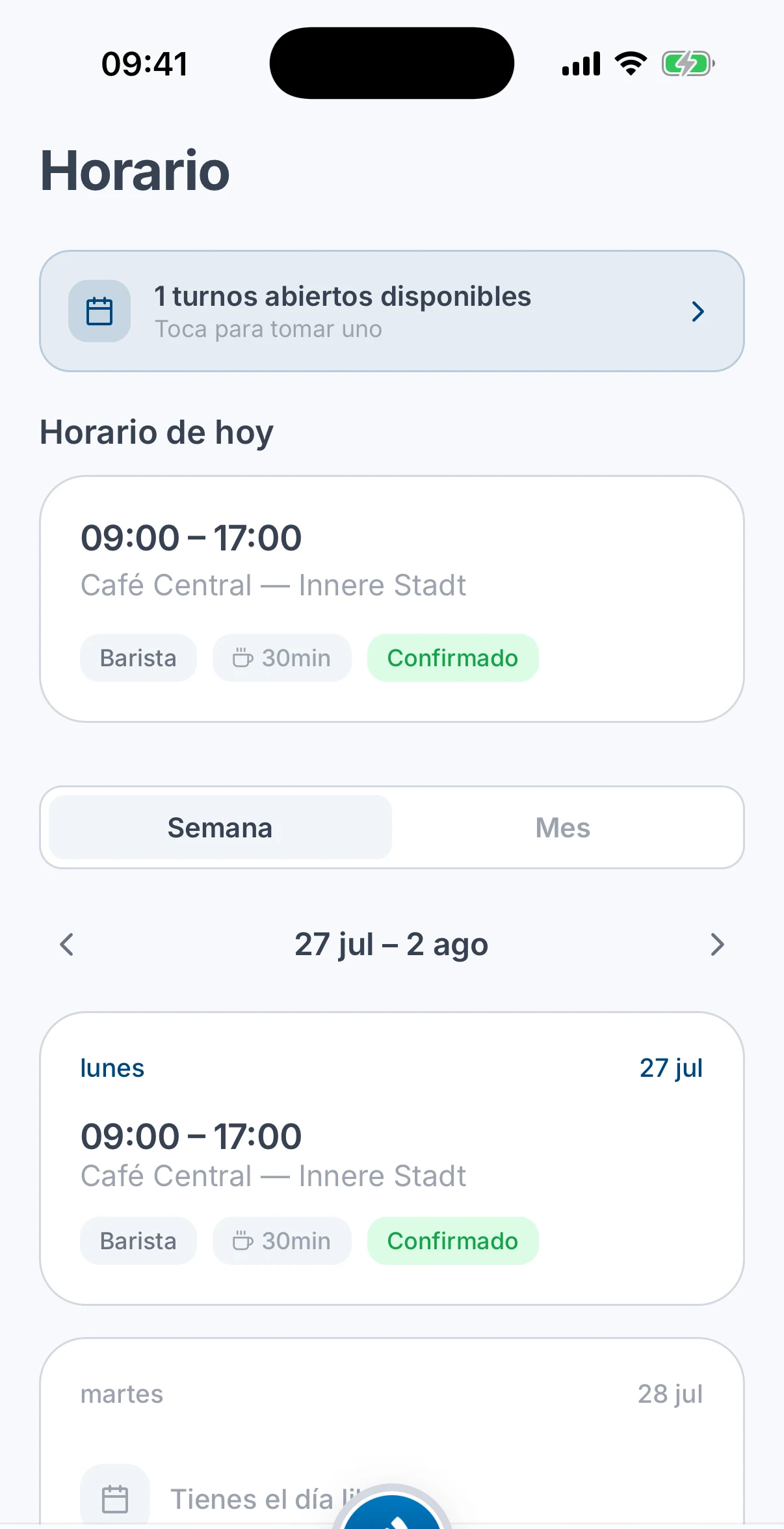 La pestaña Horario con el turno de hoy, su local, puesto y descanso, y la lista de la semana debajo