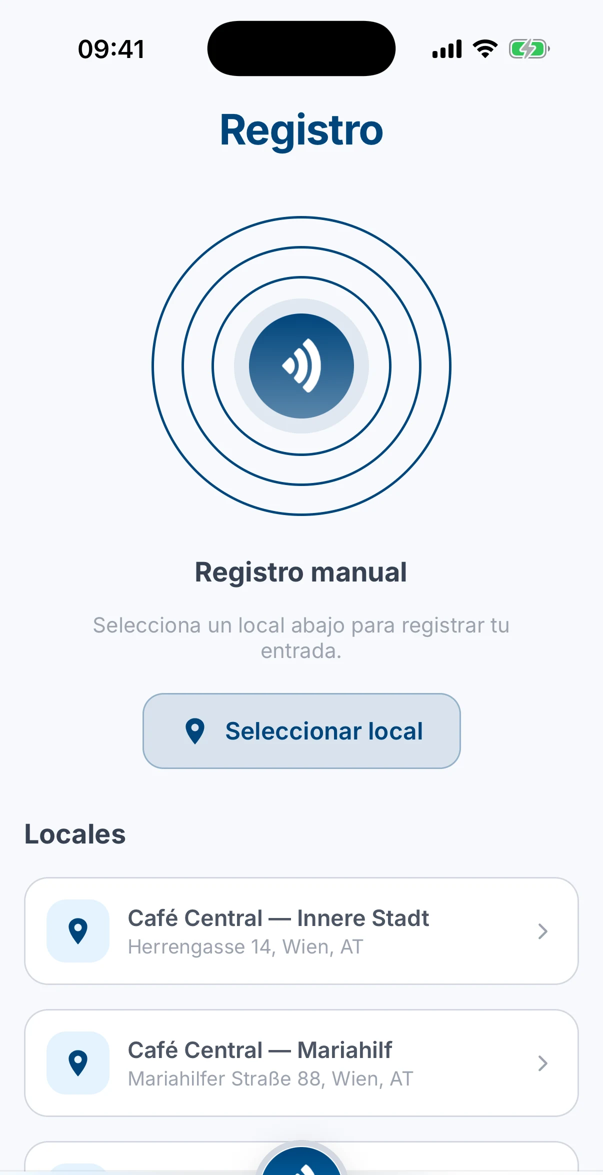 La pantalla de fichaje con la animación NFC, el botón Seleccionar ubicación y la lista de locales
