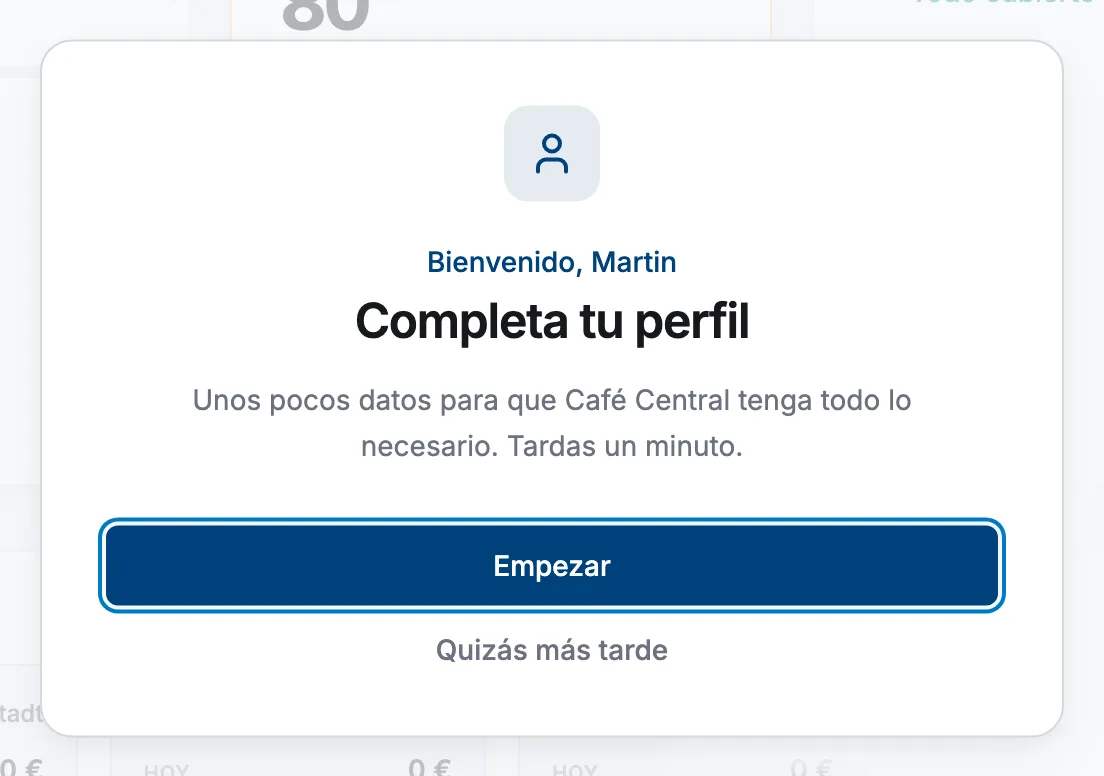 La pantalla de bienvenida de la configuración inicial, con las opciones Empezar y Más tarde